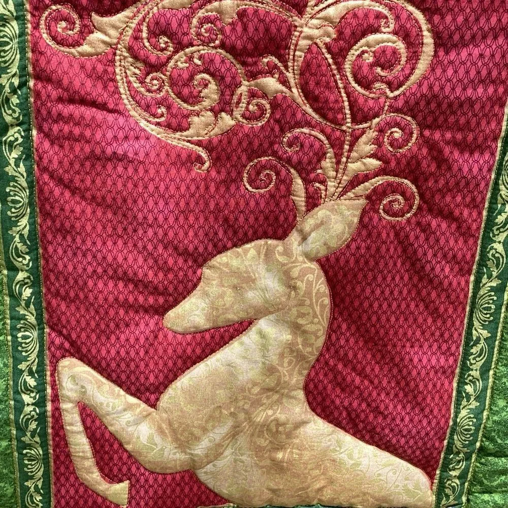 NWT. Hand Crafted Golden Reindeer Lap Quilt/Wall Hanging